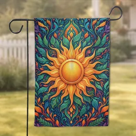 Radiant Sun Swirling Leafy Botanicals Cosmic Garden - Psychedelic Bohemian Home Decor Gift Garden Flag