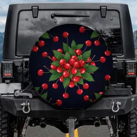 Ripe Red Cherries Green Leaves Brown Stems Midnight Blue - Cherry Lover Gift Spare Tire Cover