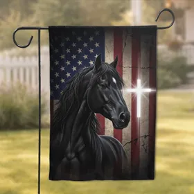 Black Horse American Flag Christian Cross Home Decor Gift For Veterans Garden Flag