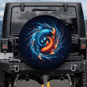 Azure Orange Koi Fish Yin Yang Swirling Water Abyss - Travel Essentials Spare Tire Cover