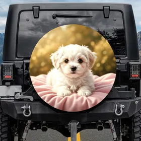 Fluffy Maltese Puppy Soft Pink Blanket Golden Green Natural Outdoor Scene Dog Lover Gift Spare Tire Cover