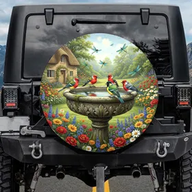 Antique Stone Birdbath Songbirds Dragonflies Lush Garden - Garden Lover Gift Spare Tire Cover