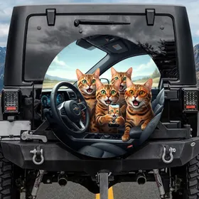 Playful Bengal Cats Car Cabin Selfie - Road Trip Travel Essential for Cat Lovers Spare Tire Cover