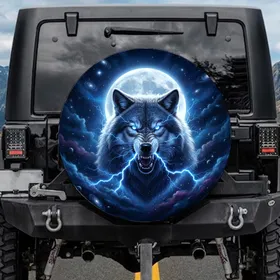 Snarling Wolf Blue Lightning Glowing Eyes Full Moon Dark Cosmic Night Sky - Wildlife Lover Gift Spare Tire Cover