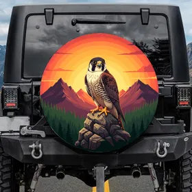 Peregrine Falcon Mountain Sunset Pine Forest Landscape - Wildlife Lover Gift for Adventurers Spare Tire Cover
