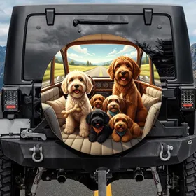 Doodle Dogs Cabin Scene Road Trip Landscape - Travel Essentials Dog Lover Gift Spare Tire Cover