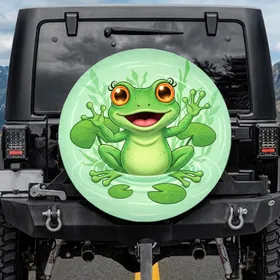 Waving Cartoon Frog Orange Eyes Pink Tongue Lily Pads Aquatic Garden - Nature Wildlife Gift Spare Tire Cover