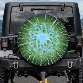 Vibrant Sunlit Slender Birch Trees Forest Canopy Blue Sky - Nature Lover Gift Spare Tire Cover