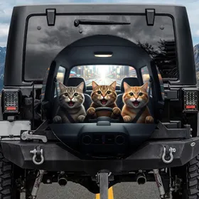Three Surprised Tabby Cats Car Interior - Cat Lover Auto Enthusiast Gift Spare Tire Cover