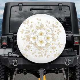 White Flowers Golden Yellow Centers Tan Leaves Branches - Everyday Vehicle Accessory Spare Tire Cover