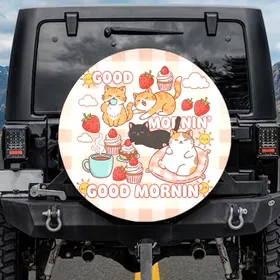 Good Mornin' Cartoon Cats Strawberries Coffee Cupcakes - Everyday Travel Gift Spare Tire Cover