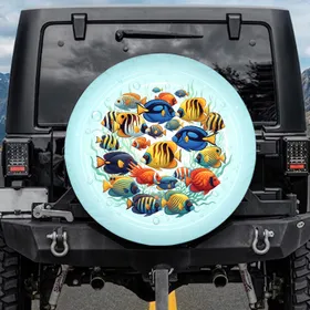 Angelfish Butterflyfish Parrotfish School Shallow Sunlit Reef - Ocean Life Lover Gift Spare Tire Cover