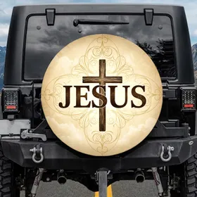 Jesus Cross Sacred Geometric Filigree Aged Parchment - Christian Gift Spare Tire Cover