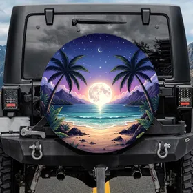 Full Moon Ocean Waves Tropical Palm Trees Beach Stars - Coastal Lifestyle Gift Spare Tire Cover