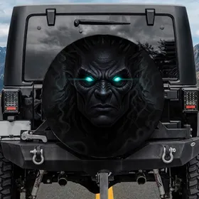 Fierce Monster Face Glowing Turquoise Eyes - Fantasy Creature Vehicle Accessory Spare Tire Cover