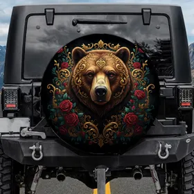 Grizzly Bear Golden Filigree Red Roses Teal Foliage - Wildlife Lover Gift Spare Tire Cover
