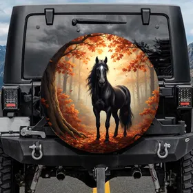 Majestic Black Horse Gnarled Tree Misty Forest Autumn Leaves - Wildlife Lover Gift Spare Tire Cover