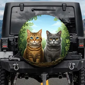 Blue Eyed Tabby British Shorthair Cats Green Trees - Cat Lover Gift Spare Tire Cover
