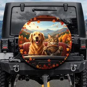 Golden Retriever Tabby Cat Vintage Car Interior Autumn Mountain Scene - Pet Lover Gift Spare Tire Cover