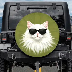 Fluffy White Cat Sunglasses Cool - Everyday Animal Lover Accessory Spare Tire Cover