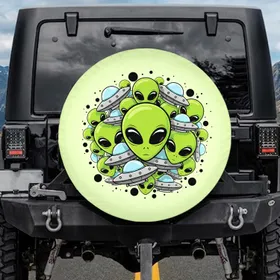 Large Black Eyes Alien Heads Classic Flying Saucers - Space Enthusiast Gift Spare Tire Cover