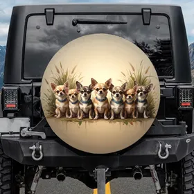 Seven Chihuahua Dogs Seated Row Natural Surroundings - Dog Lover Gift Spare Tire Cover
