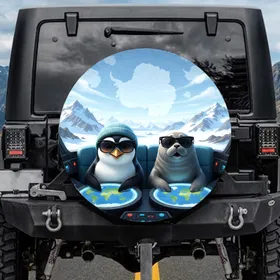 Anthropomorphic Penguin Seal World Map Arctic Landscape - Wildlife Lover Travel Gift Spare Tire Cover