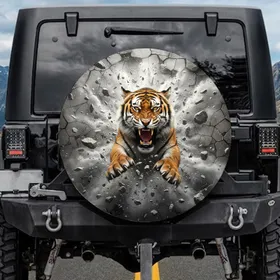 Roaring Bengal Tiger Bared Fangs Golden Eyes Shattered Stone Structure - Wildlife Lover Gift Spare Tire Cover
