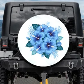 Lush Blue Hibiscus Flowers Botanical Leaves Tropical Foliage - Home Decor Gift Spare Tire Cover