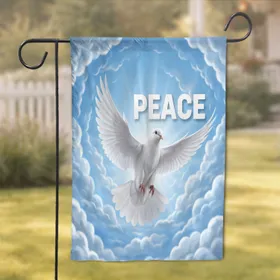 Graceful White Dove Ascending Peace Text Sky Clouds - Meaningful Home Decor Gift for Peace Seekers Garden Flag
