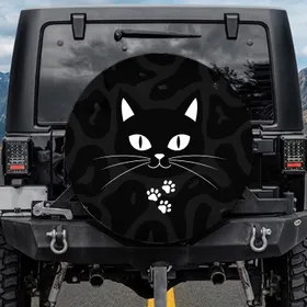Mischievous Black Cat Face Whiskers White Paw Prints - Cat Lover Gift Spare Tire Cover