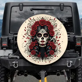 Sugar Skull Woman Red Roses Day of the Dead Calavera Art Lover Gift Spare Tire Cover