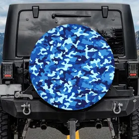 Blue Camouflage Interlocking Shapes - Off-Road Vehicle Decor Adventure Accessory Spare Tire Cover