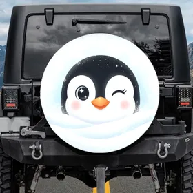 Penguin Face Winking Orange Beak Blush Snowflakes Icy Frosty - Penguin Lover Gift Spare Tire Cover