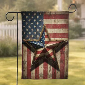 Distressed Metallic American Flag Star on Weathered Wood - Independence Day Home Decor Garden Flag