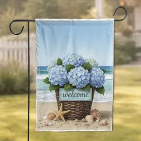 Wicker Basket Hydrangeas Welcome Sign Seashells - Beach House Decor Garden Flag