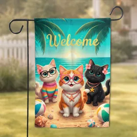 Welcome Cats Tropical Beach House Decor - Summer Home Gift for Cat Lover Garden Flag