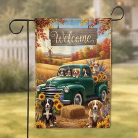 Bernese Golden Puppies Vintage Truck Autumn Welcome - Fall Home Decor Gift for Dog Lover Garden Flag