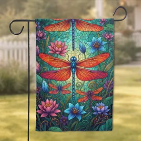 Stained Glass Dragonflies Water Lilies Aquatic Flora - Home Decor Gift for Nature Lovers Garden Flag
