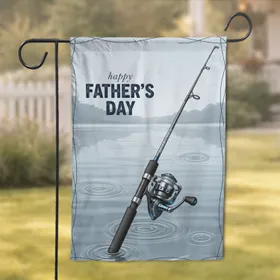 Modern Black Spinning Fishing Rod Lake Rippling Water - Father's Day Gift for Dad Garden Flag