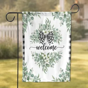Welcome Script Buffalo Plaid Bow Floral Farmhouse Home Decor Garden Flag