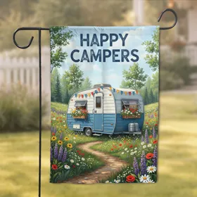 Happy Campers Vintage Travel Trailer Wildflower Field - Camping Decor Gift Garden Flag