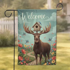 Welcome Moose Birdhouse Wildflowers - Home Decor Gift for Wildlife Lover Garden Flag
