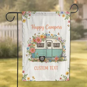 Custom Text Vintage Teardrop Trailer Wildflowers Happy Campers - Camping Lifestyle Home Decor Gift Garden Flag