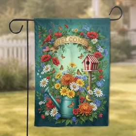 Welcome Garden Watering Can Birdhouse American Flag - Home Decor Gift for Garden Lover Garden Flag