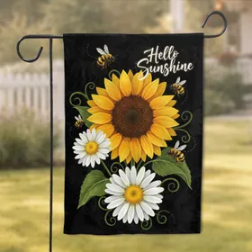 Yellow Sunflower White Daisy Bees Hello Sunshine - Home Decor Gift for Gardeners Garden Flag