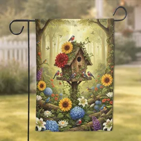 Wooden Birdhouse Red-breasted Birds Sunflower Lily Hydrangea Forest Tree - Nature Lover Gift Garden Flag