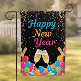 Happy New Year Champagne Flutes Confetti Balloons - New Year Celebration Garden Flag