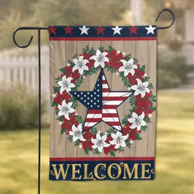 American Flag Star Lily Wreath Welcome Message - Independence Day Home Decor Garden Flag