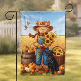 Cheerful Scarecrow Black Dog Sunflowers Pumpkins - Rustic Autumn Harvest Decor Garden Flag